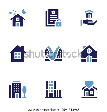 Real estate icon set. Bold style. Duotone colors. home, container, sweet home, apartment, modern house, legal document, house.