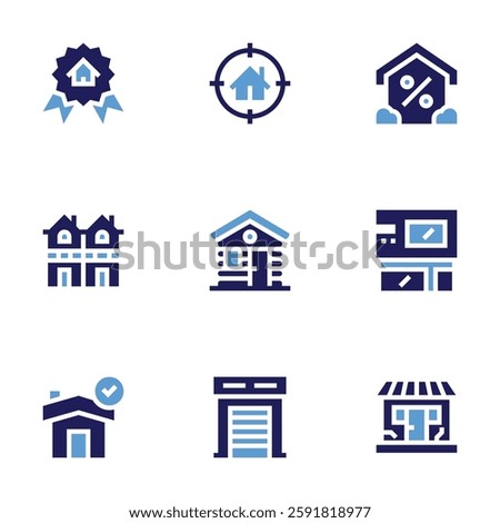 Real estate icon set. Bold style. Duotone colors. garage, wood cabin, house, reward, home, duplex, target, modern house.
