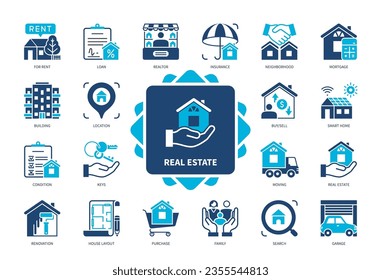 Real Estate icon set. Building, Garage, Loan, Purchase, Neighborhood, Mortgage, Insurance, Renovation. Duotone color solid icons