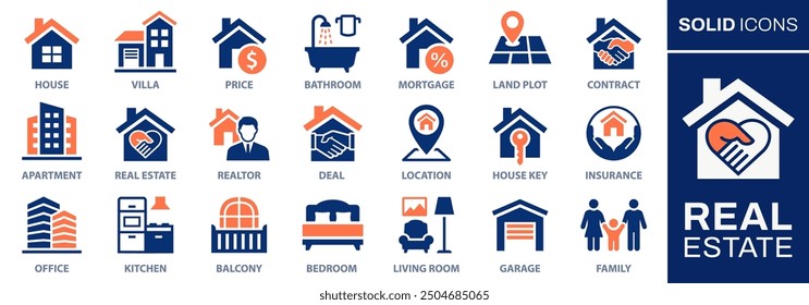 Real estate icon set. Collection of kitchen, bedroom, bathroom and more. Vector illustration. Easily changes to any color.