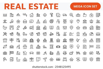 Immobiliensymbol-Set. Eine umfassende Sammlung von stilvollen und professionellen Symbolen für die Immobilienbranche, die perfekt für die Verbesserung von Immobilieneinträgen, Websites und Marketingmaterialien geeignet ist.