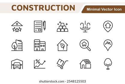 Immobiliensymbol-Set. Eine umfassende Sammlung von stilvollen und professionellen Symbolen für die Immobilienbranche, die perfekt für die Verbesserung von Immobilieneinträgen, Websites und Marketingmaterialien geeignet ist.