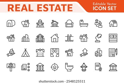 Conjunto de iconos de bienes raíces. Una colección completa de íconos elegantes y profesionales diseñados para la industria inmobiliaria, perfectos para mejorar los listados de propiedades, Sitios web y materiales de marketing.