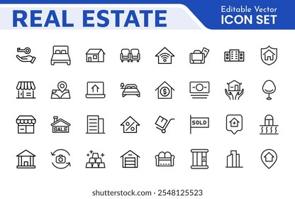 Real Estate Icon Set. A comprehensive collection of stylish and professional icons designed for the real estate industry, perfect for enhancing property listings, websites, and marketing materials.