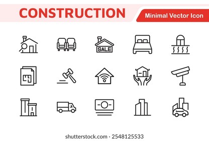 Conjunto de Ícones de Imóveis. Uma coleção abrangente de ícones elegantes e profissionais projetados para o setor imobiliário, perfeito para aprimorar listas de propriedades, sites e materiais de marketing.