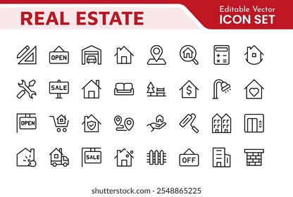 Real Estate Icon Set. A comprehensive collection of stylish and professional icons designed for the real estate industry, perfect for enhancing property listings, websites, and marketing materials.