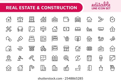 Immobiliensymbol-Set. Eine umfassende Sammlung von stilvollen und professionellen Symbolen für die Immobilienbranche, die perfekt für die Verbesserung von Immobilieneinträgen, Websites und Marketingmaterialien geeignet ist.