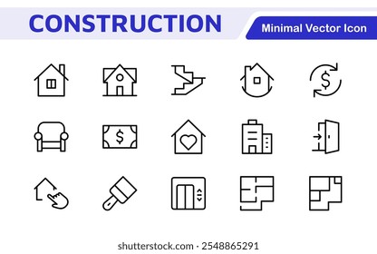 Conjunto de iconos de bienes raíces. Una colección completa de íconos elegantes y profesionales diseñados para la industria inmobiliaria, perfectos para mejorar los listados de propiedades, Sitios web y materiales de marketing.
