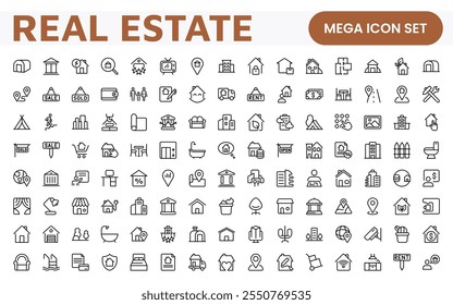 Real Estate Icon Set. A comprehensive collection of stylish and professional icons designed for the real estate industry, perfect for enhancing property listings, websites, and marketing materials.