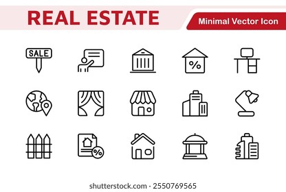 Real Estate Icon Set. A comprehensive collection of stylish and professional icons designed for the real estate industry, perfect for enhancing property listings, websites, and marketing materials.