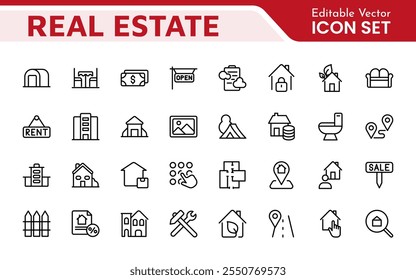 Real Estate Icon Set. A comprehensive collection of stylish and professional icons designed for the real estate industry, perfect for enhancing property listings, websites, and marketing materials.