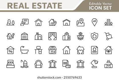Immobiliensymbol-Set. Eine umfassende Sammlung von stilvollen und professionellen Symbolen für die Immobilienbranche, die perfekt für die Verbesserung von Immobilieneinträgen, Websites und Marketingmaterialien geeignet ist.