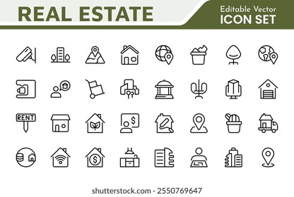 Real Estate Icon Set. A comprehensive collection of stylish and professional icons designed for the real estate industry, perfect for enhancing property listings, websites, and marketing materials.