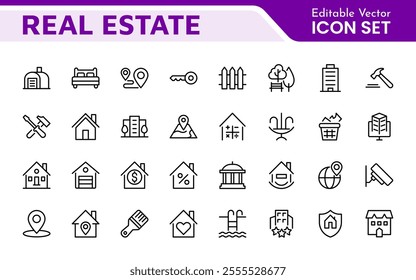 Real Estate Icon Set. A comprehensive collection of stylish and professional icons designed for the real estate industry, perfect for enhancing property listings, websites, and marketing materials.