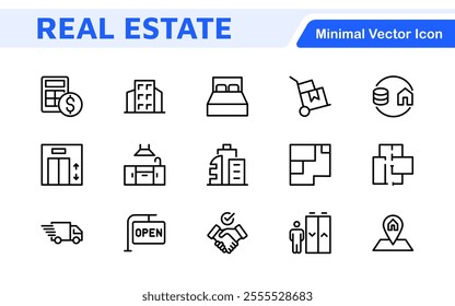 Real Estate Icon Set. A comprehensive collection of stylish and professional icons designed for the real estate industry, perfect for enhancing property listings, websites, and marketing materials.