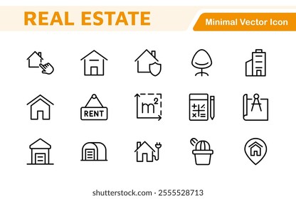 Real Estate Icon Set. A comprehensive collection of stylish and professional icons designed for the real estate industry, perfect for enhancing property listings, websites, and marketing materials.