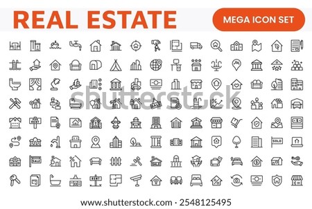 Real Estate Icon Set. A comprehensive collection of stylish and professional icons designed for the real estate industry, perfect for enhancing property listings, websites, and marketing materials.