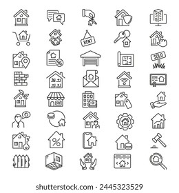 Immobilien-Icon-Set. Enthält Haus-Symbolsatz. Linearer Stil.