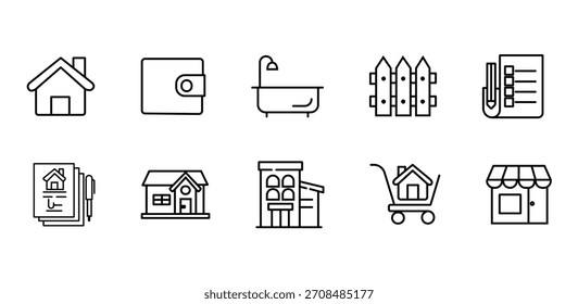 Conjunto de iconos de bienes raíces. Contiene bienes raíces, propiedades, hipotecas, préstamos para la vivienda, alquiler, edificio, agente, casa, agente inmobiliario, venta de casas y más. Iconos de línea editables. Ilustración vectorial	