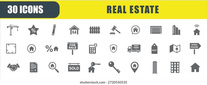 Real Estate icon set. Containing house, for sale sign, pin location, building, mortgage, key, and fence icons. Solid icon collection. Vector illustration.