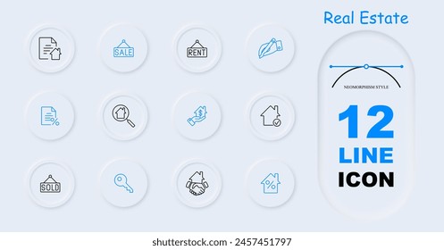 Real Estate icon set. Document, house, lease, verification, tick, sale, interest rate, mortgage, sold, magnifying glass, search for suitable place of residence, neomorphism, key. Immovables concept.