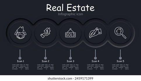 Immobilien-Icon-Set. Dokument, Haus, Vermietung, Überprüfung, Häkchen, Verkauf, Zinssatz, Hypothek, verkauft, Lupe, Suche nach geeigneten Wohnort, Infografik. Grundstückskonzept.