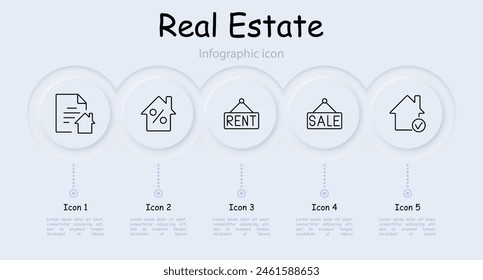 Conjunto de iconos de bienes raíces. Documento, casa, arrendamiento, verificación, marca, venta, tasa de interés, hipoteca, vendido, infografía, búsqueda de lugar de residencia adecuado, neomorfismo. Concepto de bienes inmuebles.