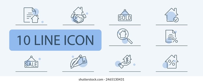 Real Estate icon set. Document, house, lease, verification, tick, sale, interest rate, mortgage, sold, magnifying glass, search for suitable place of residence, signature, key. Immovables concept.