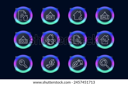 Real Estate icon set. Document, house, lease, verification, tick, sale, interest rate, mortgage, sold, magnifying glass, search for suitable place of residence, glassmorphism. Immovables concept.