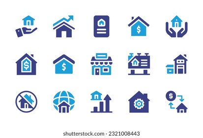 Icon für Immobilien gesetzt. Duotonfarbe. Vektorgrafik. Mit Immobilien, Recht, Wirtschaft und Finanzen, Versicherung, Agentur, zum Verkauf, Haus, Obdachlose, Haus, Preiswachstum, Einstellungen, Austausch.