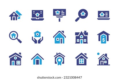 Real estate icon set. Duotone color. Vector illustration. Containing real estate, real estate agency, billboard, search, home, house, medal, dawn.