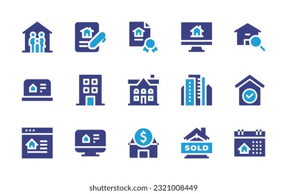Real estate icon set. Duotone color. Vector illustration. Containing family, contract, certificate, search, search house, real estate, building, house, cityscape, list, sold, calendar.