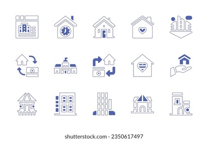 Real estate icon set. Duotone style line stroke and bold. Vector illustration. Containing browser, clock, house, home, city, buy, parliament, refinancing, mortgage loan, cabin, apartments, apartment.
