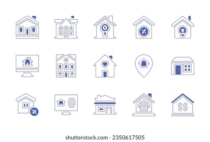 Real estate icon set. Duotone style line stroke and bold. Vector illustration. Containing house, certified, discount, idea, search, home, real estate.