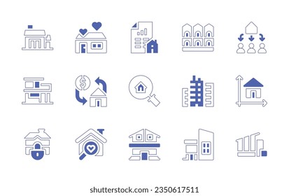 Icon für Immobilien gesetzt. Duotone Stil Linie Strich und fett. Vektorgrafik. Mit Haus, Darlehen, Vererbung, Hypothek, Immobilien, Wohnungen, Größe, Räumung, Haus.