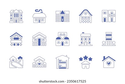 Real estate icon set. Duotone style line stroke and bold. Vector illustration. Containing mansion, cottage, wooden house, barn, flat, house, apartment, village, shelter, favorite.