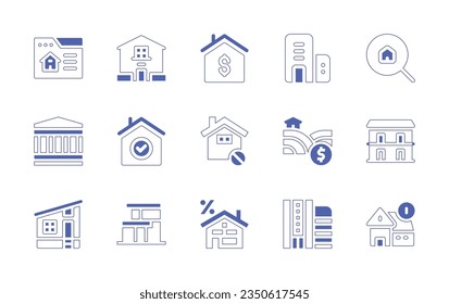 Real estate icon set. Duotone style line stroke and bold. Vector illustration. Containing browser, house, dollar, apartment, search house, diplomatic, check mark, land, apartments, building, property.