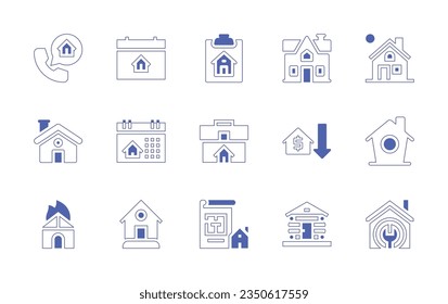 Real estate icon set. Duotone style line stroke and bold. Vector illustration. Containing conversation, calendar, house, dawn, home, briefcase, price down, fire, project, cabin.