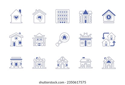 Real estate icon set. Duotone style line stroke and bold. Vector illustration. Containing home, thumb down, mansion, house, address, exchange, cottage, cabin.