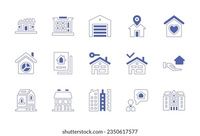 Real estate icon set. Duotone style line stroke and bold. Vector illustration. Containing house, shelter, garage, home, pie chart, house rental, cottage, apartments, broker, mansion.