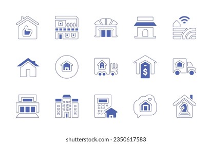 Real estate icon set. Duotone style line stroke and bold. Vector illustration. Containing thumb up, apartment, house, home delivery, smart farm, home, real estate, delivery truck, moving truck, villa.