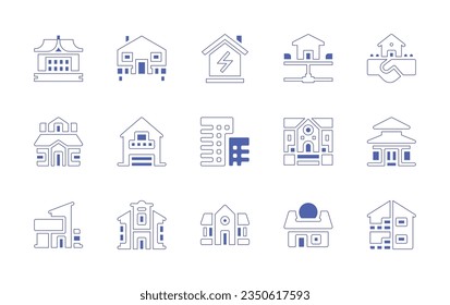 Real estate icon set. Duotone style line stroke and bold. Vector illustration. Containing house, bungalow, efficient, deal, city building, mansion, mortgage.