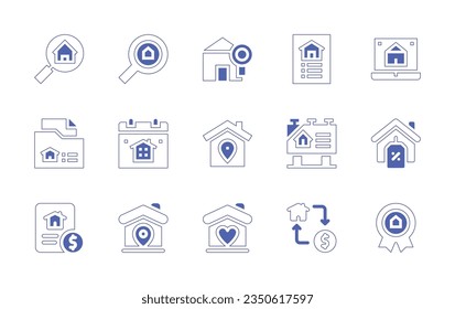 Real estate icon set. Duotone style line stroke and bold. Vector illustration. Containing real estate, documents, housing, location, for sale, discount, loan, love, transaction, prize.