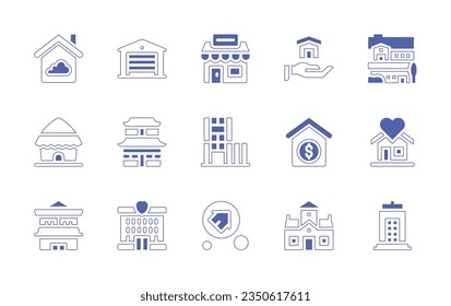 Real estate icon set. Duotone style line stroke and bold. Vector illustration. Containing smart home, garage, agency, house, kutcha, container, money, sweet home, police station, risk, mansion.