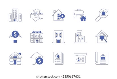 Real estate icon set. Duotone style line stroke and bold. Vector illustration. Containing condo, deal, key, briefcase, research, real estate, chateau, building, house, smart home, cabin, home value.