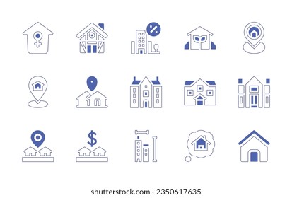 Real estate icon set. Duotone style line stroke and bold. Vector illustration. Containing home, cottage, building, eco house, location, mansion, country house, placeholder, buy, dream.