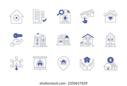 Icon für Immobilien gesetzt. Duotone Stil Linie Strich und fett. Vektorgrafik. Mit intelligentem Zuhause, Appartements, Häusern, Haus, Schlüssel, Haus, Vererbung, Eigentum, Lage, Wohnort.