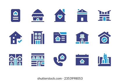 Real estate icon set. Duotone color. Vector illustration. Containing legal, kutcha, home, real estate, house, condominium, browser, success, detached, duplex, conversation, calendar, architect.