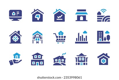 Real estate icon set. Duotone color. Vector illustration. Containing real estate, thumb down, statistic, home delivery, smart farm, target, lodge, buy home, cityscape, building, house, cabin.