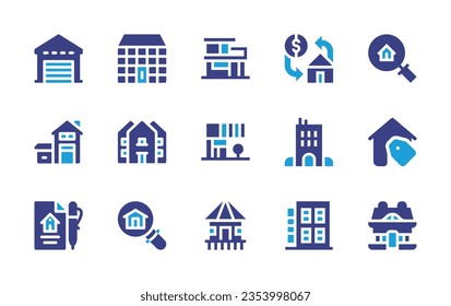 Real estate icon set. Duotone color. Vector illustration. Containing garage, house, mortgage, real estate, apartment, house for sale, contract, search, cabin, apartments.
